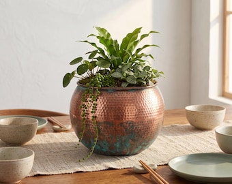 Hammered Copper Planter Bowl, Verdigris Patina, Aged Rustic Succulent Basin