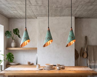 Handmade Verdigris Copper Cone Pendant Light, Moroccan Artisan Hanging Lamp