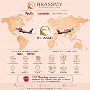 May include: An informational graphic for Brassmy Handcrafted Fixtures featuring a world map, two airplanes, and icons detailing services like 100% pure brass and copper materials, 5-year warranty, custom sizes, and DDP shipping with no hidden taxes.