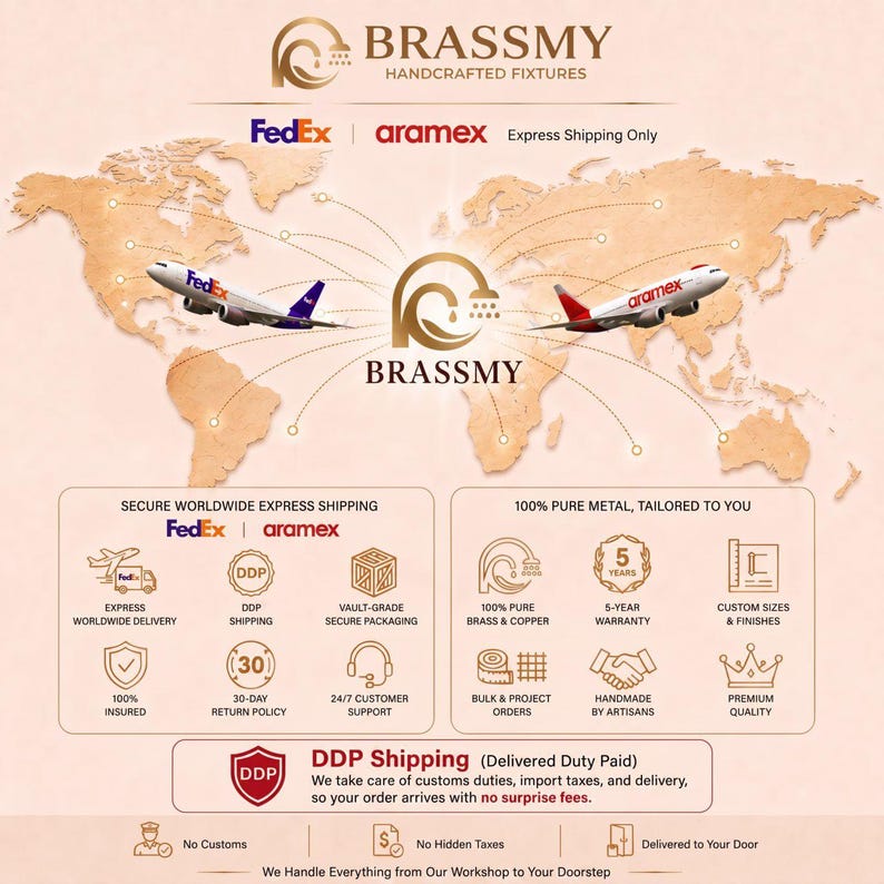 May include: An informational graphic for Brassmy Handcrafted Fixtures featuring a world map, two airplanes, and icons detailing services like 100% pure brass and copper materials, 5-year warranty, custom sizes, and DDP shipping with no hidden taxes.