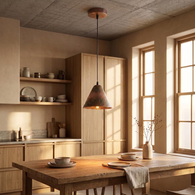 May include: A cone-shaped pendant light with a textured, weathered copper finish suspended by a thin black cord from a matching circular ceiling mount, featuring a warm glowing bulb visible from the open bottom of the metal shade.