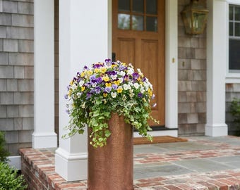 Hammered Copper Tall Cylinder Planter, Large Indoor Plant Pot, Handmade Metal Floor Planter