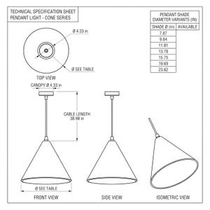 May include: A technical specification sheet for a cone-shaped pendant light. The diagram displays top, front, side, and isometric views with a canopy diameter of 4.33 inches, a cable length of 38.98 inches, and a table of available shade diameters.