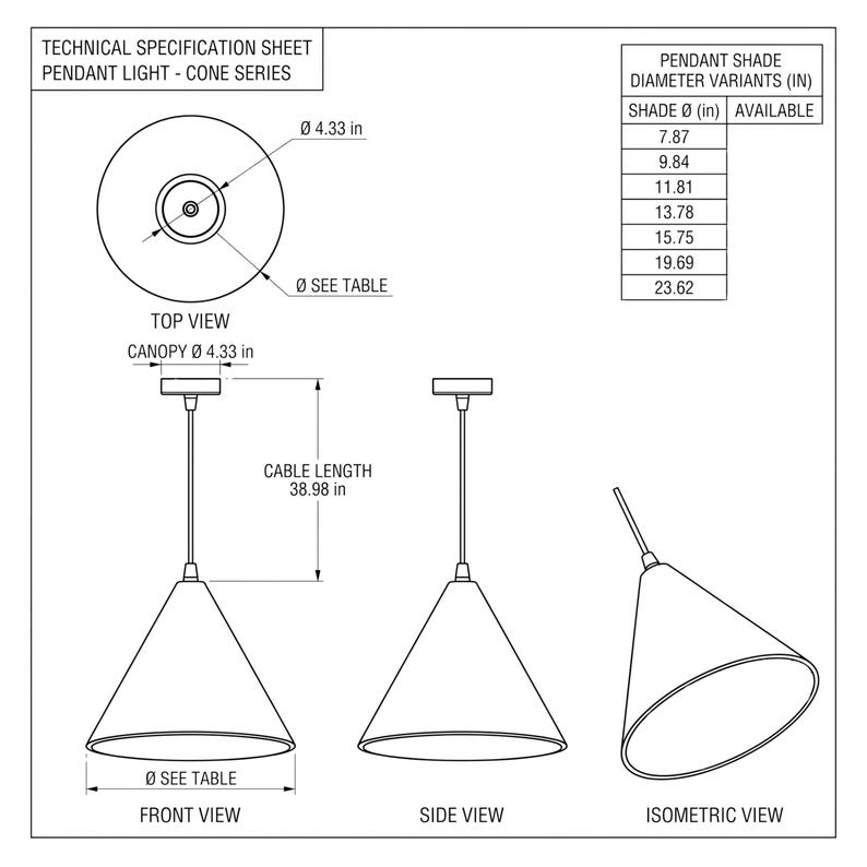 May include: A technical specification sheet for a cone-shaped pendant light. The diagram displays top, front, side, and isometric views with a canopy diameter of 4.33 inches, a cable length of 38.98 inches, and a table of available shade diameters.