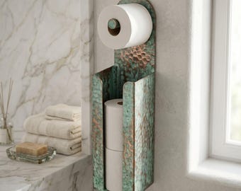 Hammered Copper Toilet Paper Holder, Verdigris Patina – Dual Roll Storage, Moroccan Handmade Holder