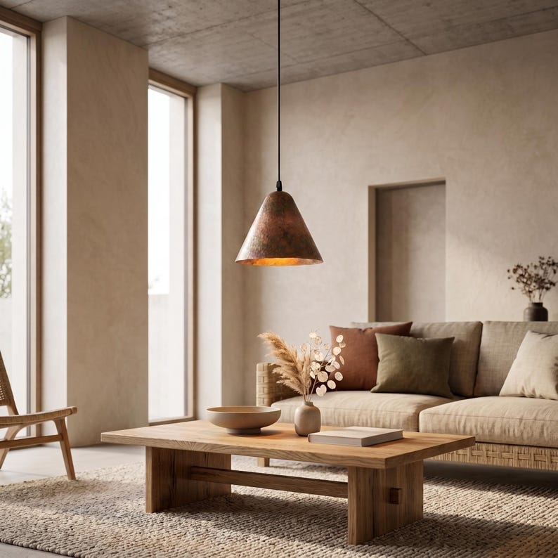 May include: A cone-shaped pendant light with a textured, weathered copper finish hangs from a thin black cord. The interior of the metal shade is smooth and reflects a warm, golden light, casting a soft glow downward into the living space.