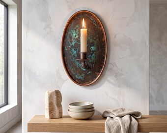 Handmade Patina Copper Wall Sconce, Rustic Verdigris Candle Holder, Moroccan Farmhouse Accent