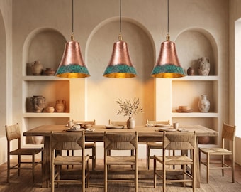 Hammered Copper Pendant Light, Conical Verdigris Lamp, Rustic Industrial Fixture, Morocco Handmade