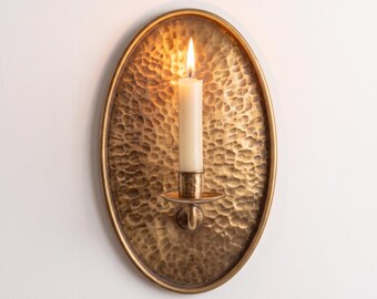 Hammered Brass Wall Candle Sconce, Oval Taper Holder, Moroccan Boho Home Decor