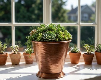 Hand-Hammered Copper Pedestal Planter, Rustic Outdoor Flower Urn