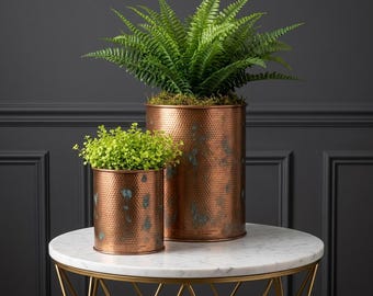 Hammered Copper Cylinder Planter, Patina Metal Pot, Verdigris Cachepot, Modern Indoor Vase