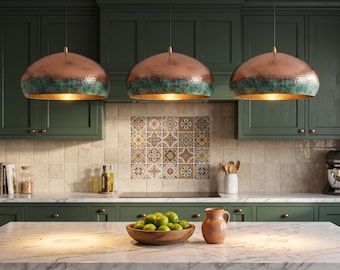 Verdigris Patina Copper Pendant Light, Hammered Dome Ceiling Fixture, Rustic Industrial Chandelier