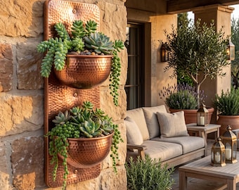 Hammered Copper Two-Tier Wall Planter, Boho Rose Gold Hanging Basket, Moroccan Garden Pocket