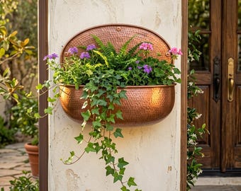 Hammered Copper Wall Planter, Large Boho Rose Gold Hanging Basket