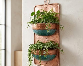 Hand-Hammered Copper Wall Planter, Two-Tier Vertical Garden Pot, Moroccan Patina Decor