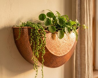Hammered Copper Half Moon Wall Planter, Boho Rose Gold Plant Holder, Moroccan Garden Pocket