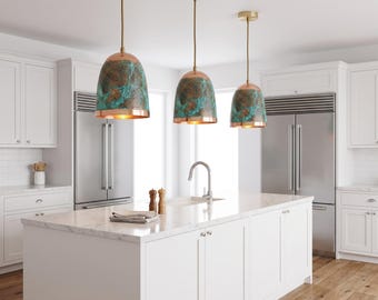 Hammered Copper Bell Pendant Light, Verdigris Patina, Rustic Industrial Fixture