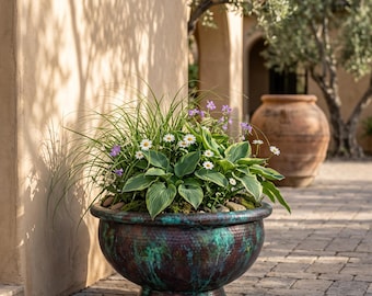 Hammered Copper Patina Planter Bowl, Rustic Moroccan Pedestal Decor