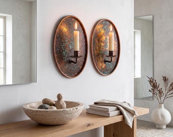 Verdigris Copper Oval Wall Sconce Candle Holder, Moroccan Style Patina (Set of 2)