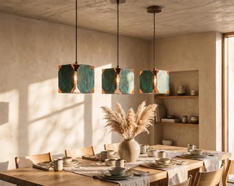 Handmade Solid Copper Pendant Light, Verdigris Patina Geometric Wabi Sabi Ceiling Lamp
