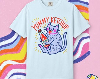 Camiseta unisex con estampado de gato y delicioso kétchup / Camiseta gráfica para amantes del kétchup