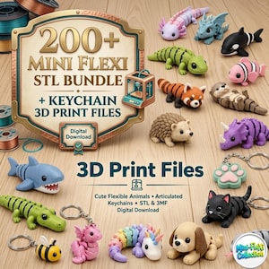 Op de afbeelding: Een digitale downloadbundel met meer dan 200 mini flexi STL 3D-printbestanden van gearticuleerde dieren en sleutelhangers. De collectie bevat diverse wezens zoals een haai, krokodil, bij, kat, hond en draak, ontworpen voor 3D-printen.