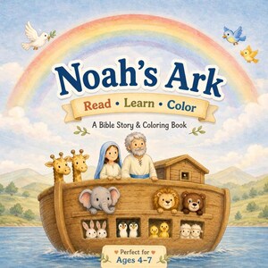 Puede incluir: Un libro de colorear y cuentos bíblicos Noah's Ark Read, Learn, Color con un gran arca de madera sobre el agua bajo un arcoíris. La portada muestra ilustraciones de dos jirafas, un elefante, un león, un oso, conejos, pingüinos, pollitos y ovejas.