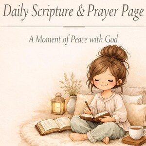Peut inclure: Une illustration numérique avec le texte Daily Scripture & Prayer Page et A Moment of Peace with God. Un personnage aux cheveux bruns en chignon est assis sur un tapis, écrivant dans un livre, avec un livre ouvert, une lanterne et une tasse.