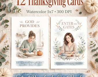 Cartes de Thanksgiving chrétiennes pour femmes | 12 cartes de vœux aquarelle | Format imprimable 5x7
