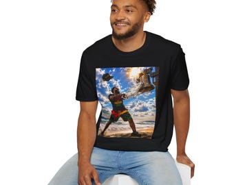 Koszulka z mężczyzną dzwoniącym do Dzwonu Wolności na białym krześle ogrodowym | Juneteenth Design