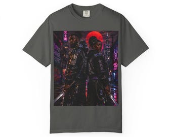 Maglietta Cyberpunk Samurai Couple / Neon City Night, Red Moon