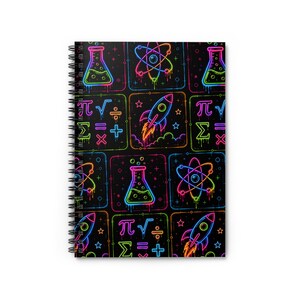 May include: A spiral-bound notebook featuring a black cover with a repeating grid pattern of neon-colored science and math icons. The design includes glowing rockets, atoms, beakers, and mathematical symbols like pi, sigma, and division signs.