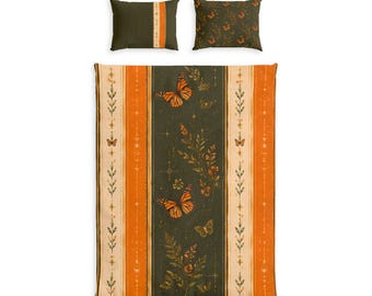 Monarch Collection Luxury Butterfly Bedding Set, Orange, Olive & Cream Stripe Duvet Cover, Twin/XL Queen, Dorm Room, Bedroom, Back to School