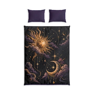Sun and Crescent Moon Duvet Cover, Ethereal Cotton Bed Set, Bedroom, Dorm Room, Starry Night Gift