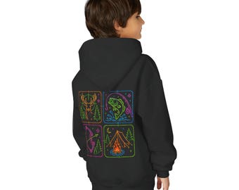 Neon Hunting Fishing Hoodie, Deer Fish Archery Camping Graphic Sweatshirt, Outdoor Adventure, Gift for Him, Gift for Her, Gift for Kids