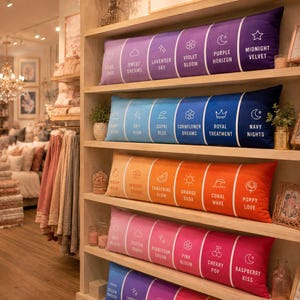 May include: Five rectangular throw pillows arranged on wooden shelves, each featuring six vertical color-blocked sections with white icons and text labels like Lilac Love, Sweet Dreams, Lavender Sky, Violet Bloom, Purple Horizon, and Midnight Velvet.