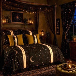 May include: A bedding set featuring a black duvet cover and matching pillowcases with a gold celestial pattern of moons and stars. The set includes two solid olive green accent pillows and a white vertical stripe design across the bedding.