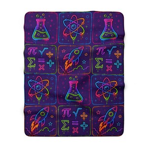 May include: A rectangular blanket featuring a dark purple background with a grid pattern of neon-colored science and math icons. The design includes glowing flasks, atom models, rockets, and mathematical symbols like pi, square root, and plus signs.