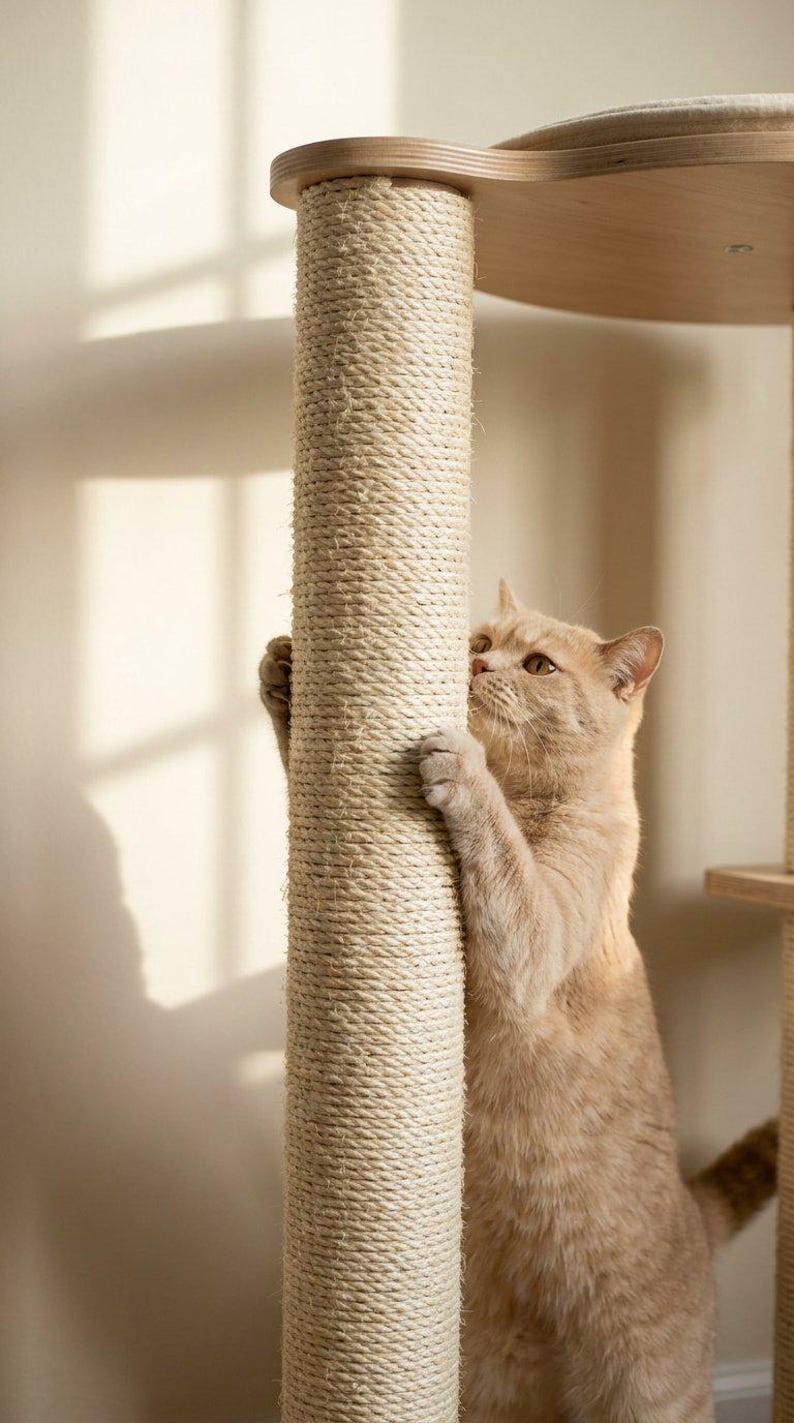 Cat Tree for Large Cats, Modern Wood Tower, 72 Inch Tall, Hammock, Sisal Post, Pet Furniture - action shot