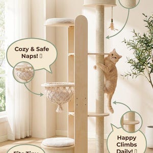 Cat Tree for Large Cats, Modern Wood Tower, 72 Inch Tall, Hammock, Sisal Post, Pet Furniture - features callout graphic v8 palette-har