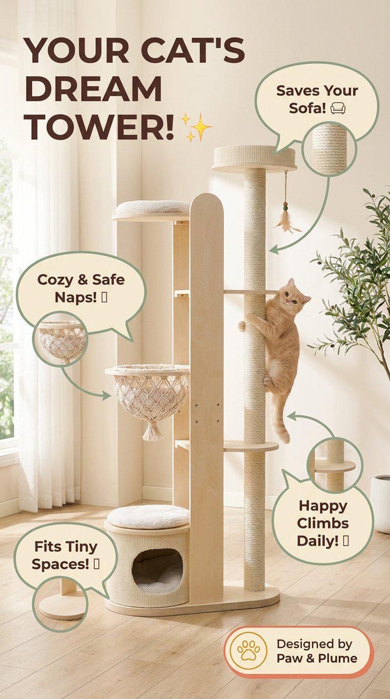Cat Tree for Large Cats, Modern Wood Tower, 72 Inch Tall, Hammock, Sisal Post, Pet Furniture - features callout graphic v8 palette-har