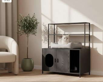 Recinzione per lettiera per gatti, mobiletto moderno per bagno con vano portaoggetti, tavolino laterale in legno nero per gatti da interno