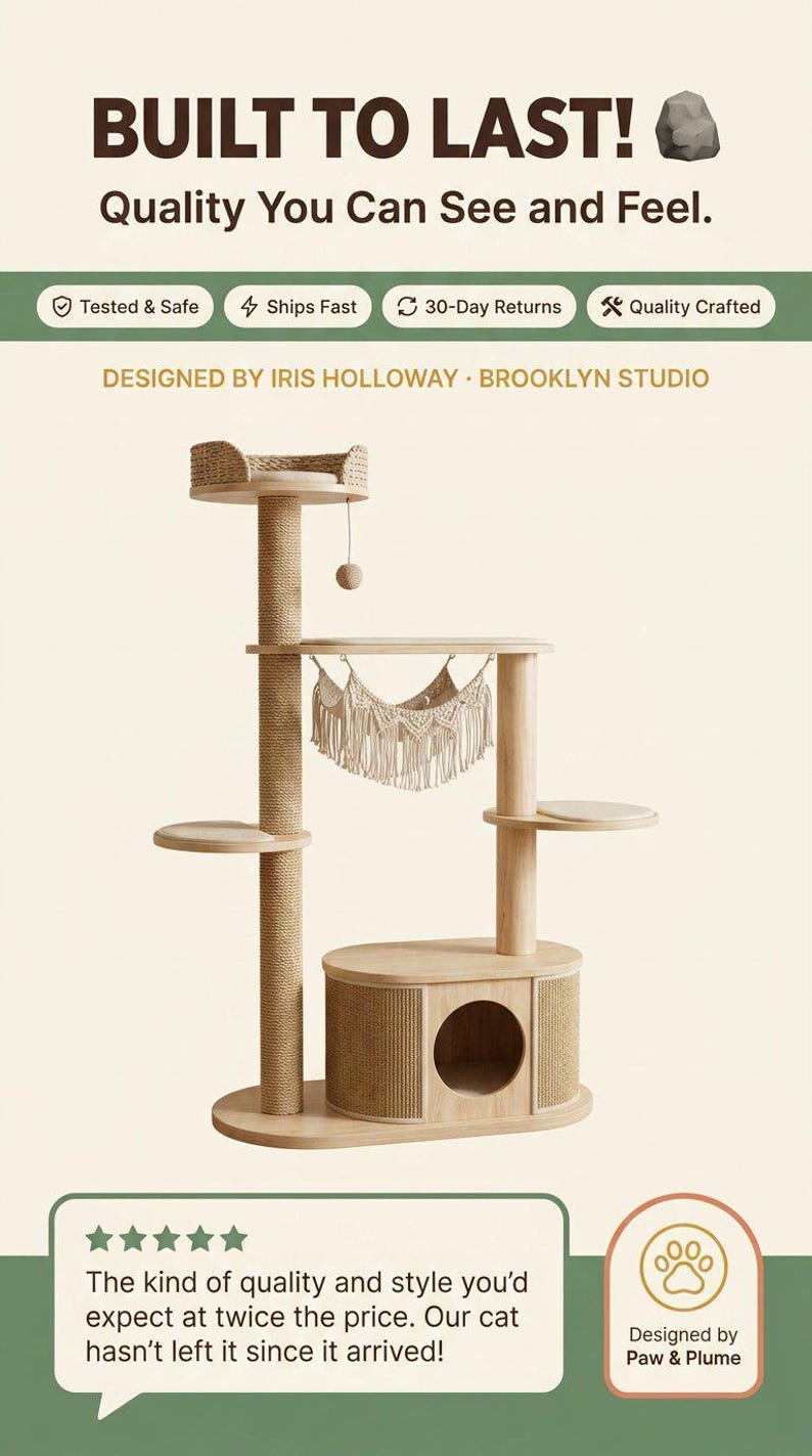 Cat Tree for Large Cats, Modern Wood Tower, 72 Inch Tall, Hammock, Sisal Post, Pet Furniture - 11b trust social proof graphic v8 desi