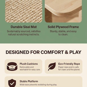 Cat Tree for Large Cats, Modern Wood Tower, 72 Inch Tall, Hammock, Sisal Post, Pet Furniture - materials benefits graphic