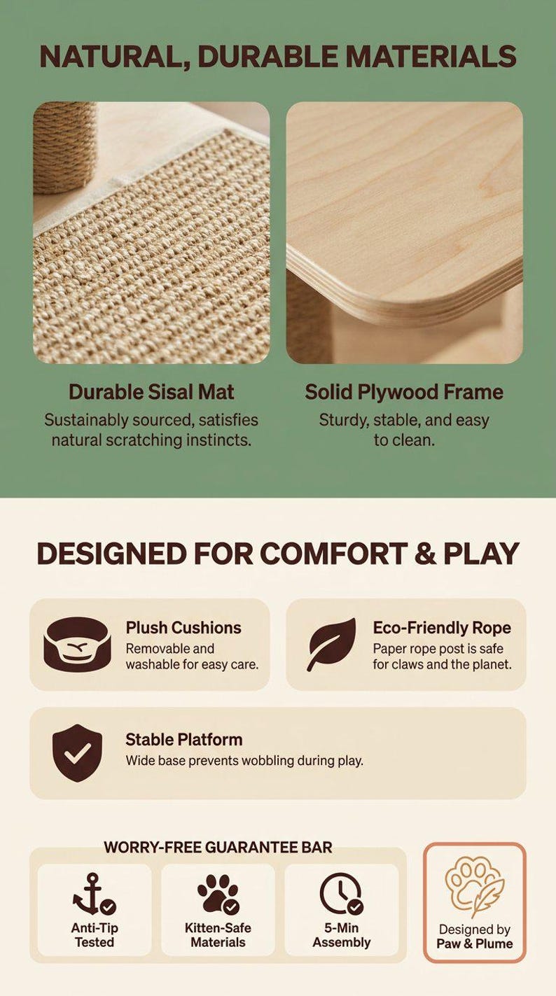 Cat Tree for Large Cats, Modern Wood Tower, 72 Inch Tall, Hammock, Sisal Post, Pet Furniture - materials benefits graphic