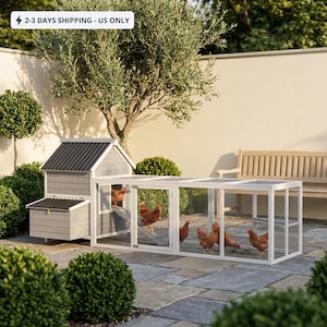 May include: A wooden chicken coop with a gray finish and a dark gray corrugated roof. The structure includes an elevated nesting box, a ramp, and an attached wire mesh run. Several brown chickens are visible inside the enclosure.