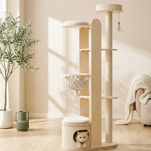 Cat Tree for Large Cats, Modern Wood Tower, 72 Inch Tall, Hammock, Sisal Post, Pet Furniture - full lifestyle scene