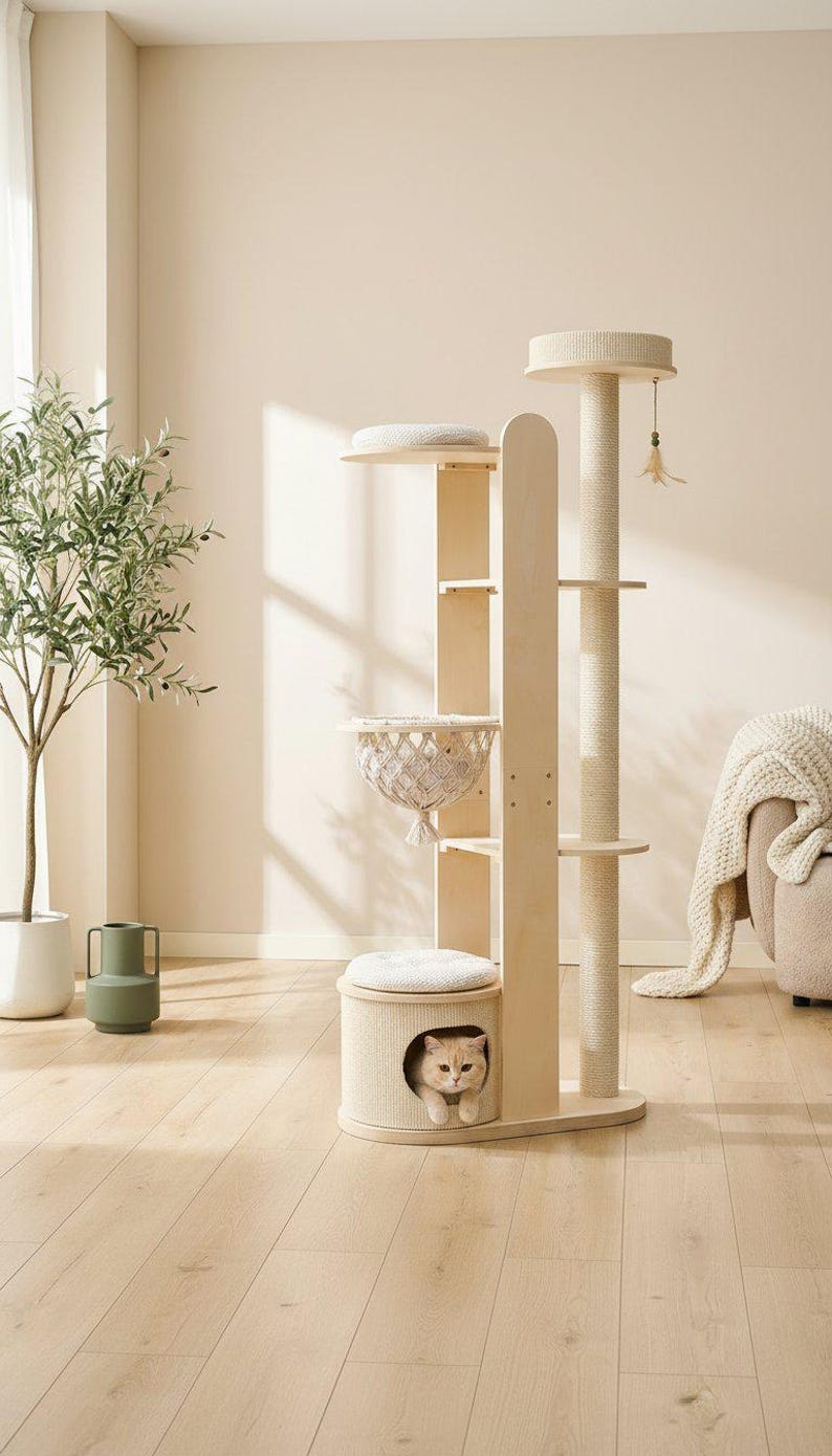 Cat Tree for Large Cats, Modern Wood Tower, 72 Inch Tall, Hammock, Sisal Post, Pet Furniture - full lifestyle scene