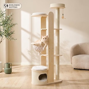 Cat Tree for Large Cats, Modern Wood Tower, 72 Inch Tall, Hammock, Sisal Post, Pet Furniture - 1a lifestyle hero v8