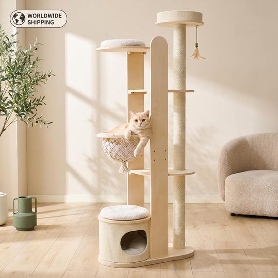 Cat Tree for Large Cats, Modern Wood Tower, 72 Inch Tall, Hammock, Sisal Post, Pet Furniture